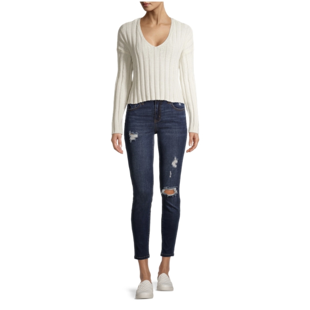 Wet Seal Egret Ribbed Cropped Cotton/Acrylic Blend V-neck Sweater 🔥Host Pick🔥 - Picture 4 of 13